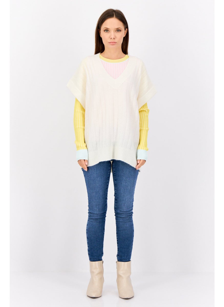 Women Oversized Fit V Neck Knitted Sweaters, White