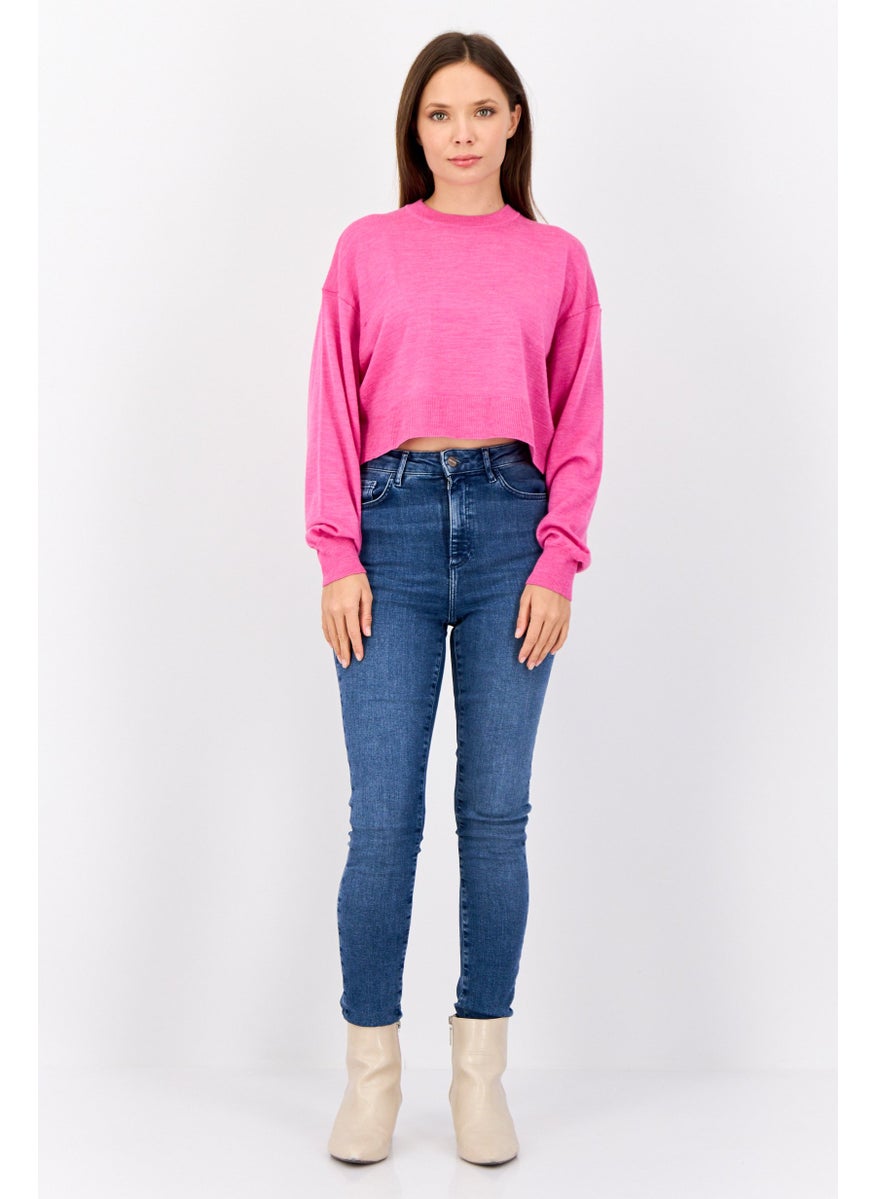 Women Crew Neck Knitted Cropped Sweater, Pink