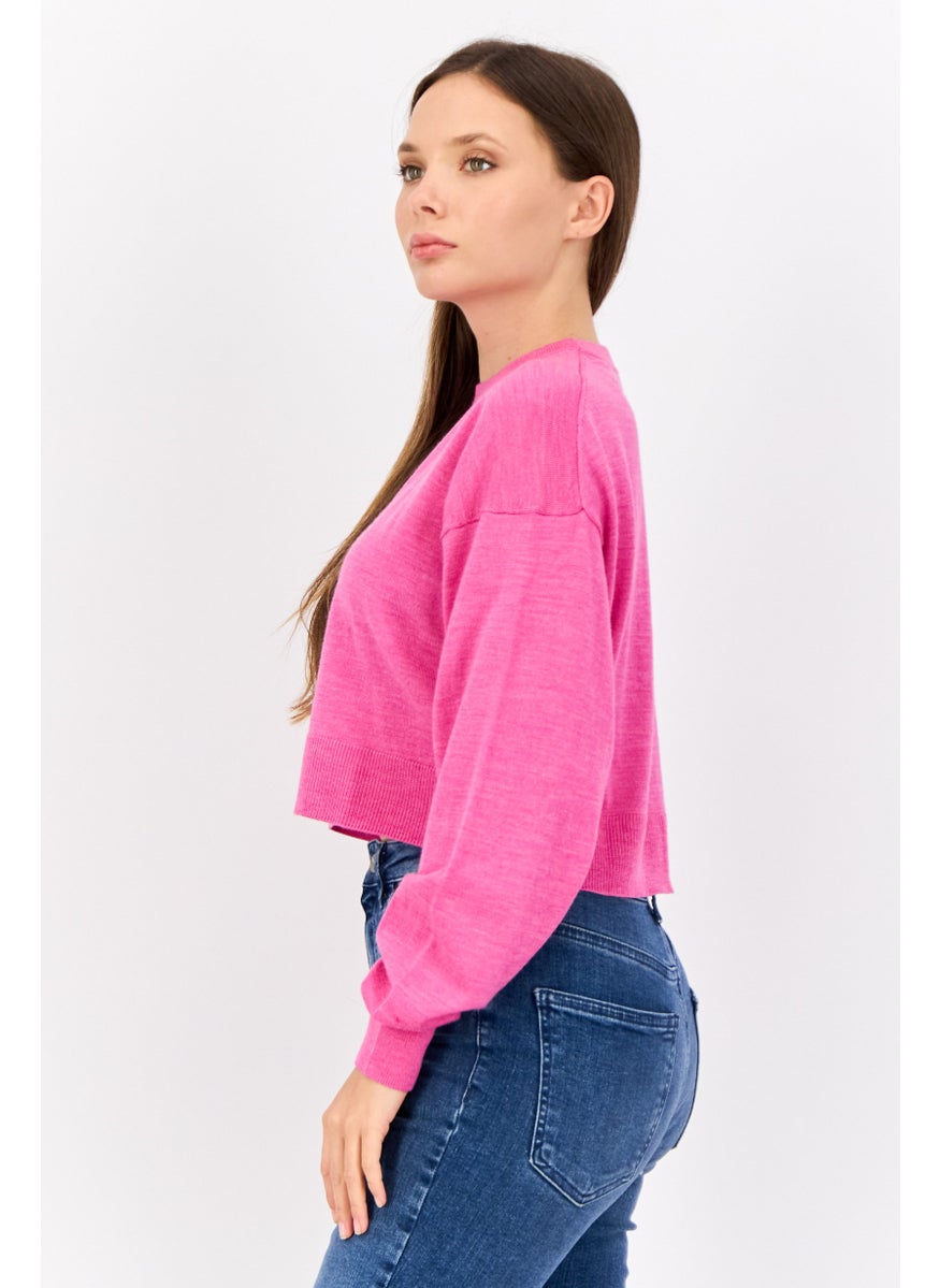 Women Crew Neck Knitted Cropped Sweater, Pink