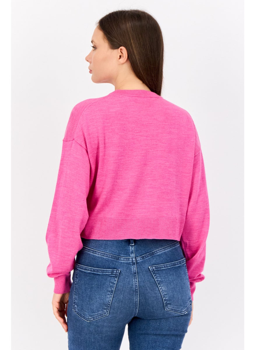 Women Crew Neck Knitted Cropped Sweater, Pink