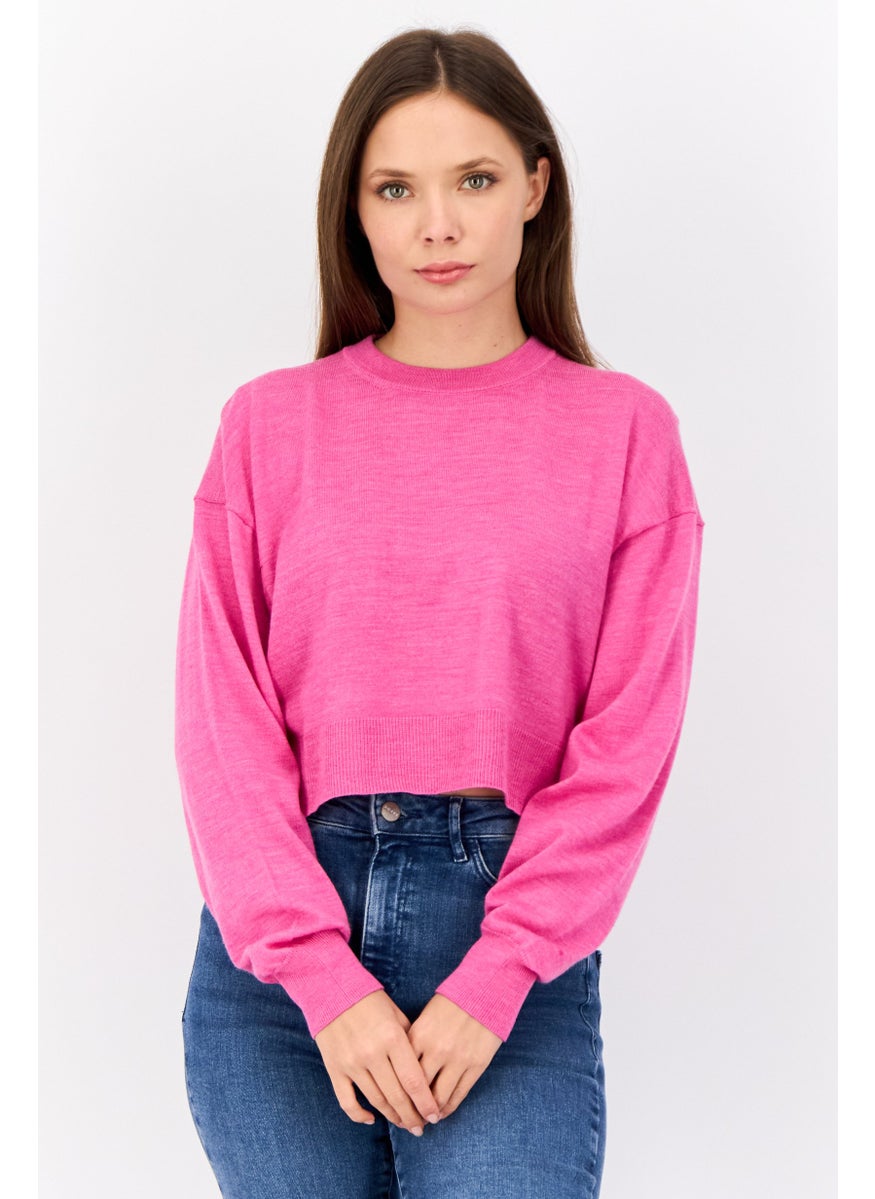 Women Crew Neck Knitted Cropped Sweater, Pink