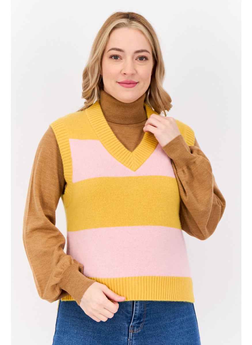 Women V Neck Two Tone Vest Sweater, Multicolor
