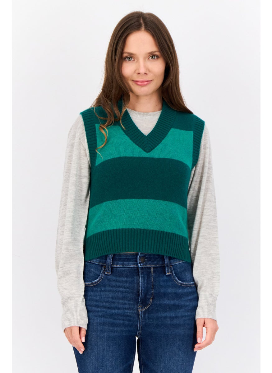 Women V Neck Sleeveless Knitted Vest Sweaters, Green