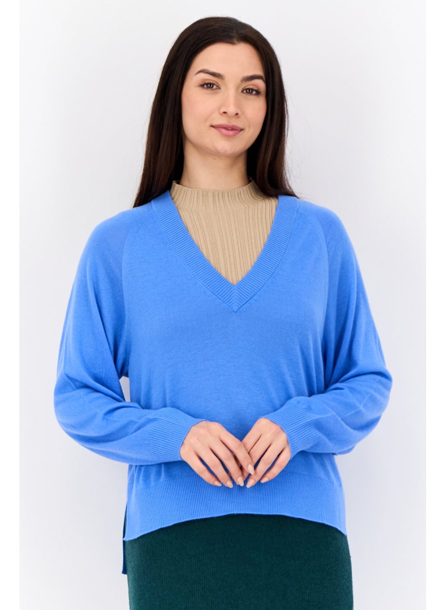 Women V Neck Plain Sweater, Blue