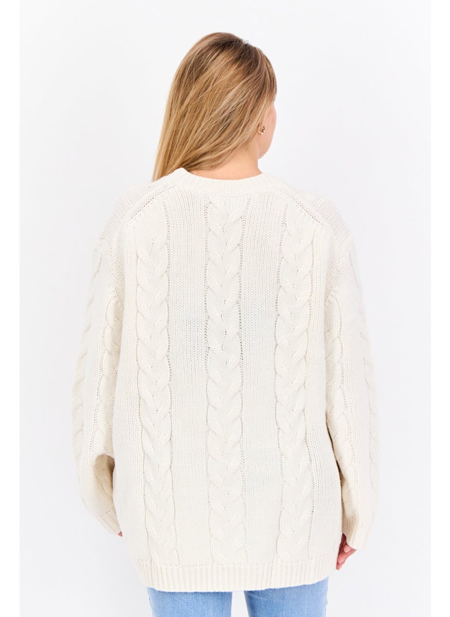 Women Crew Neck Long Sleeve Knitted Sweater, Off White