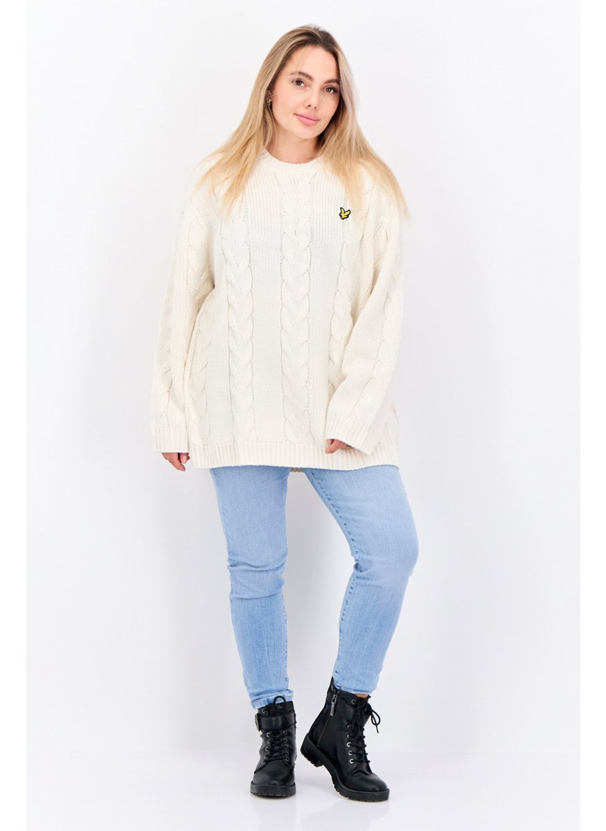 Women Crew Neck Long Sleeve Knitted Sweater, Off White