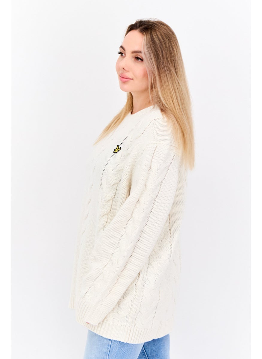Women Crew Neck Long Sleeve Knitted Sweater, Off White