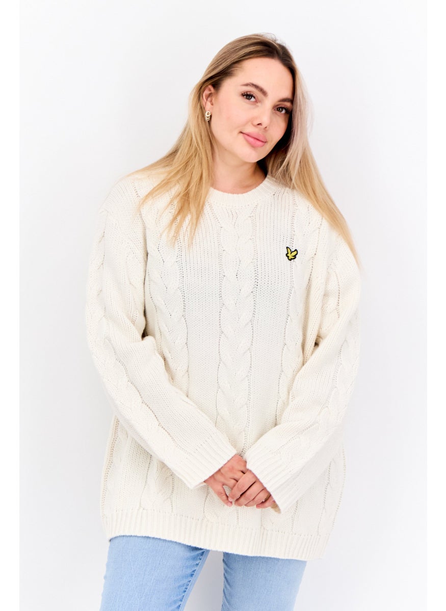 Women Crew Neck Long Sleeve Knitted Sweater, Off White