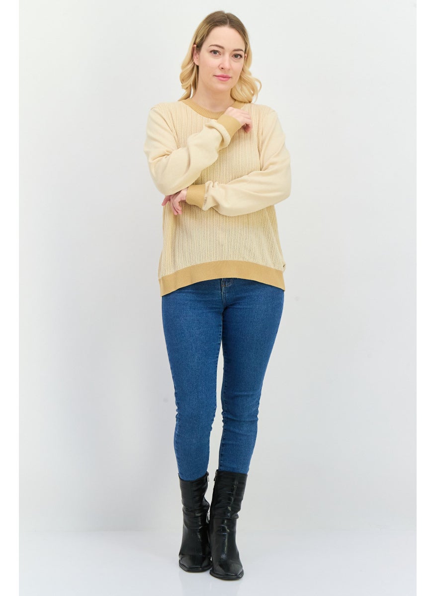 Women Crew Neck Knitted Sweater, Beige