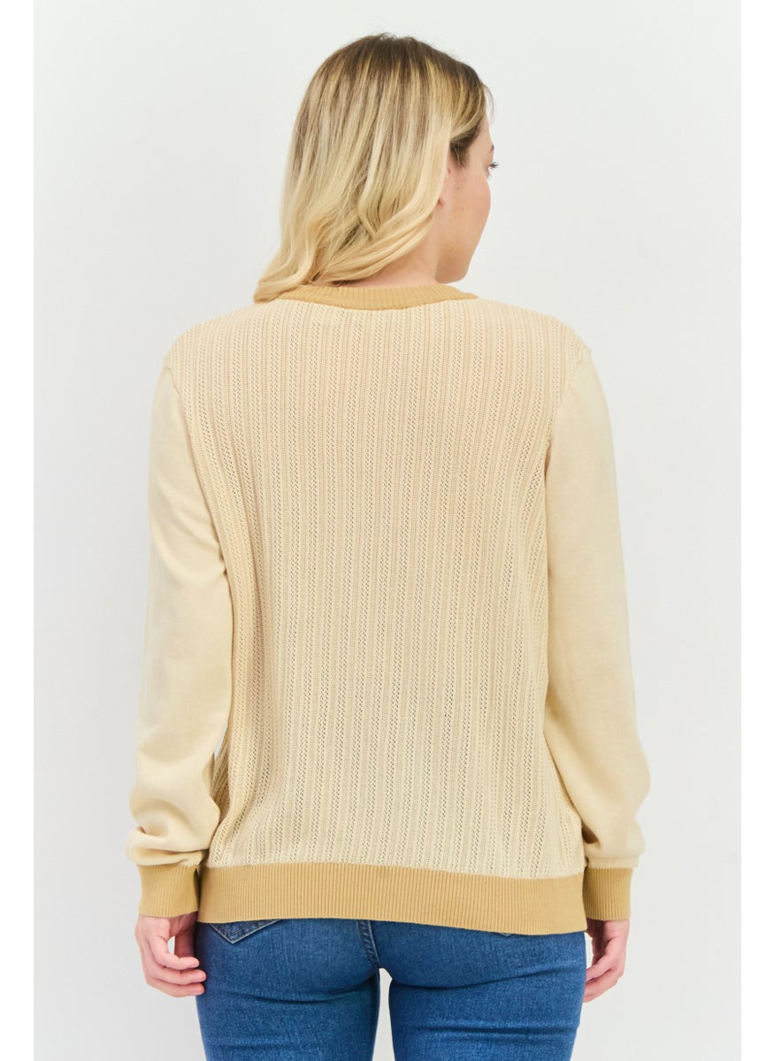 Women Crew Neck Knitted Sweater, Beige