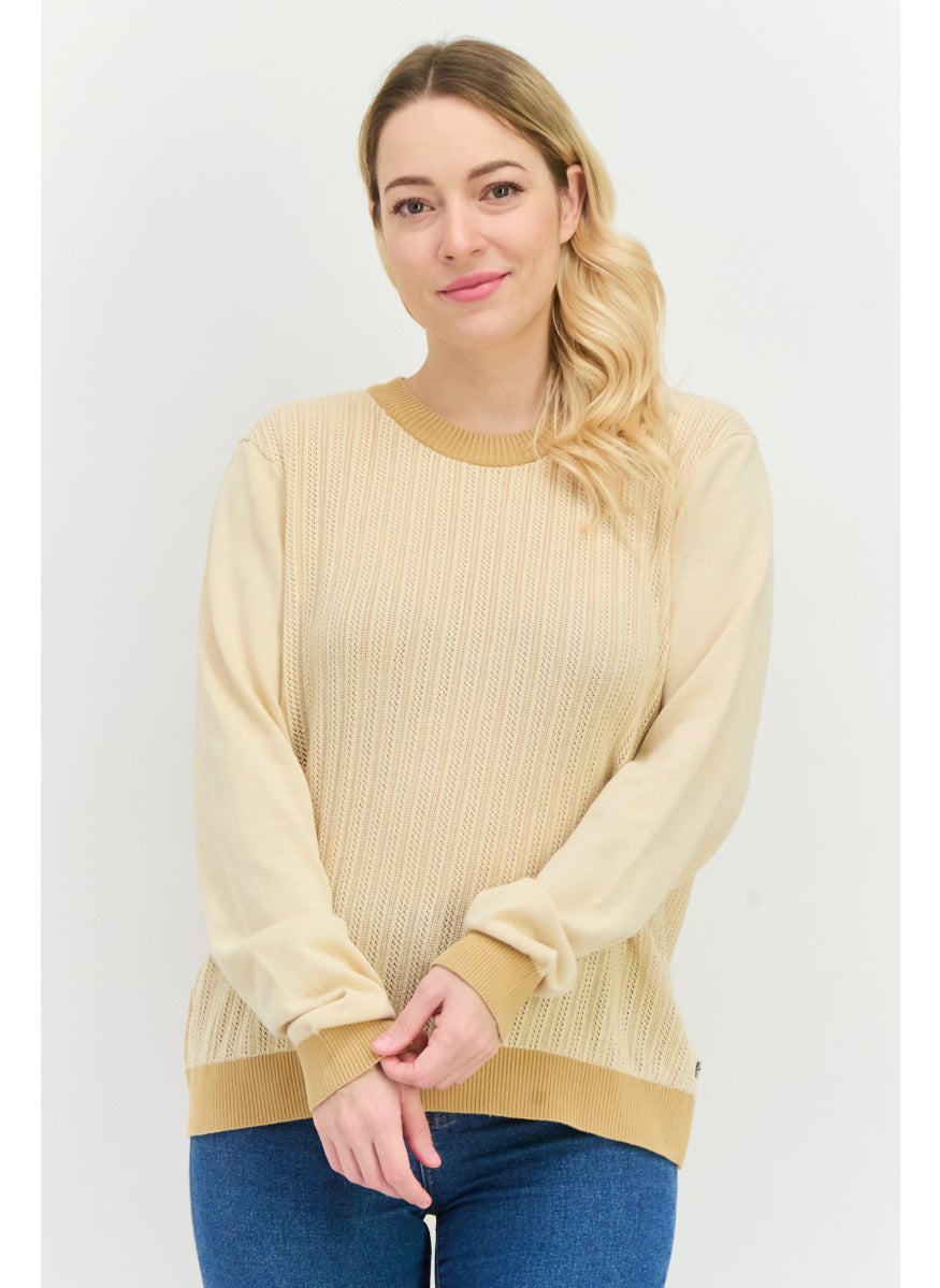 Women Crew Neck Knitted Sweater, Beige