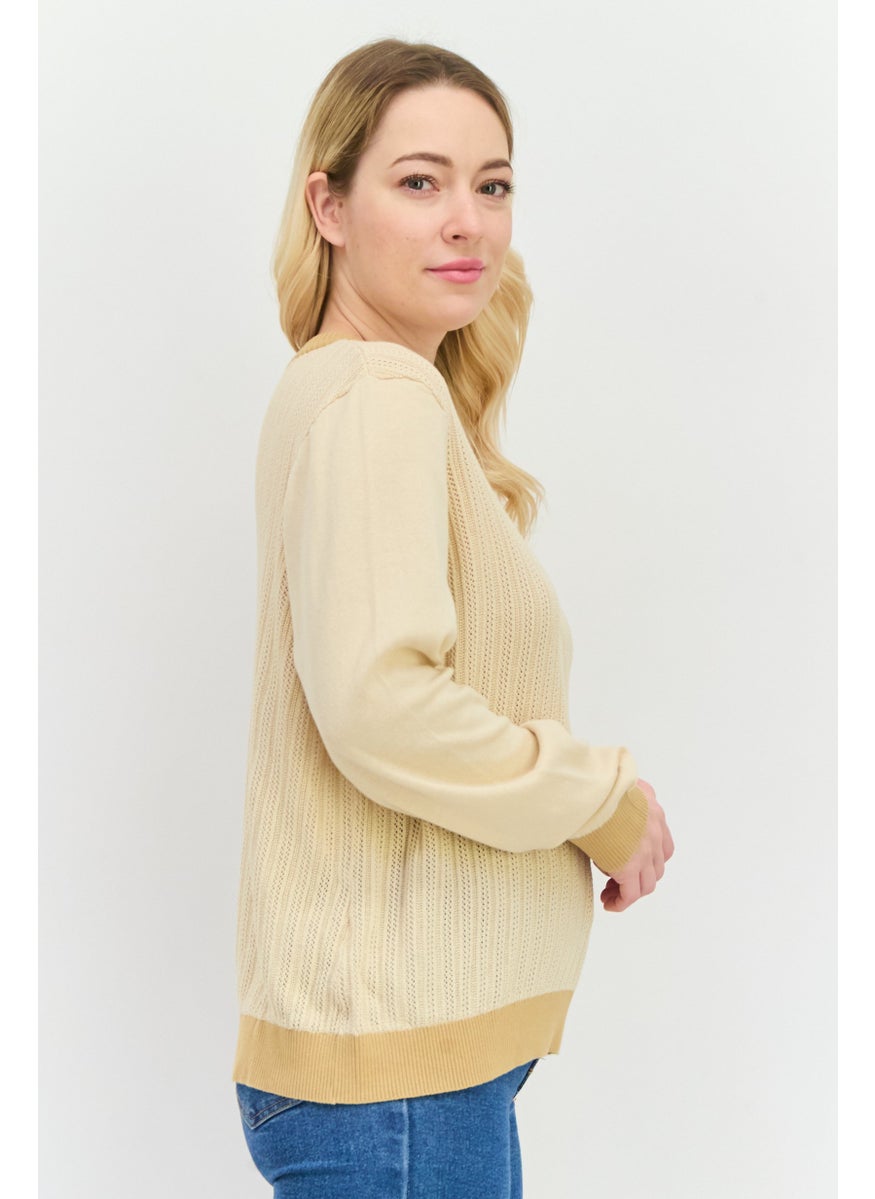 Women Crew Neck Knitted Sweater, Beige