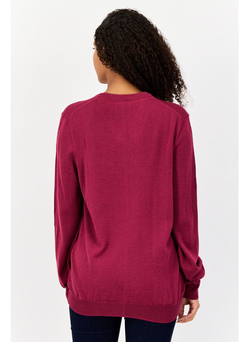 Women V-Neck Textured Sweater, Wine Red