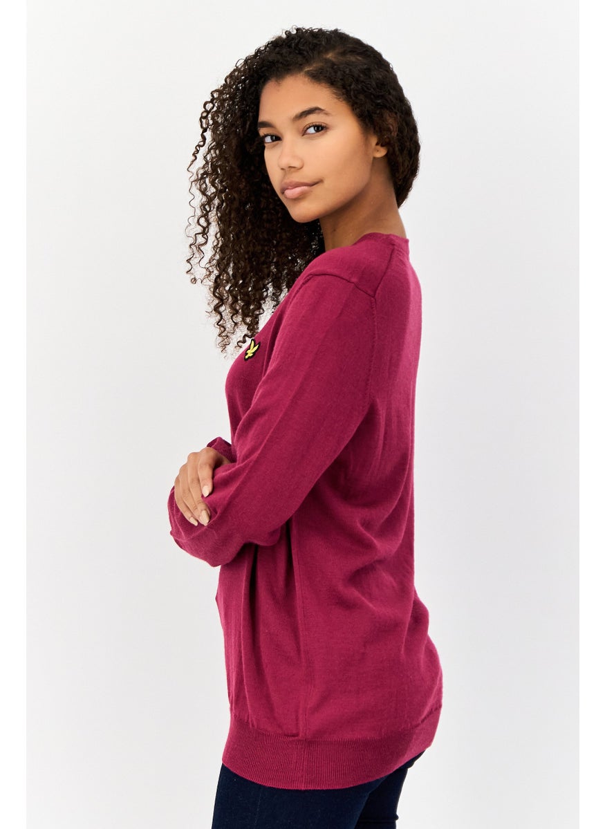 Women V-Neck Textured Sweater, Wine Red