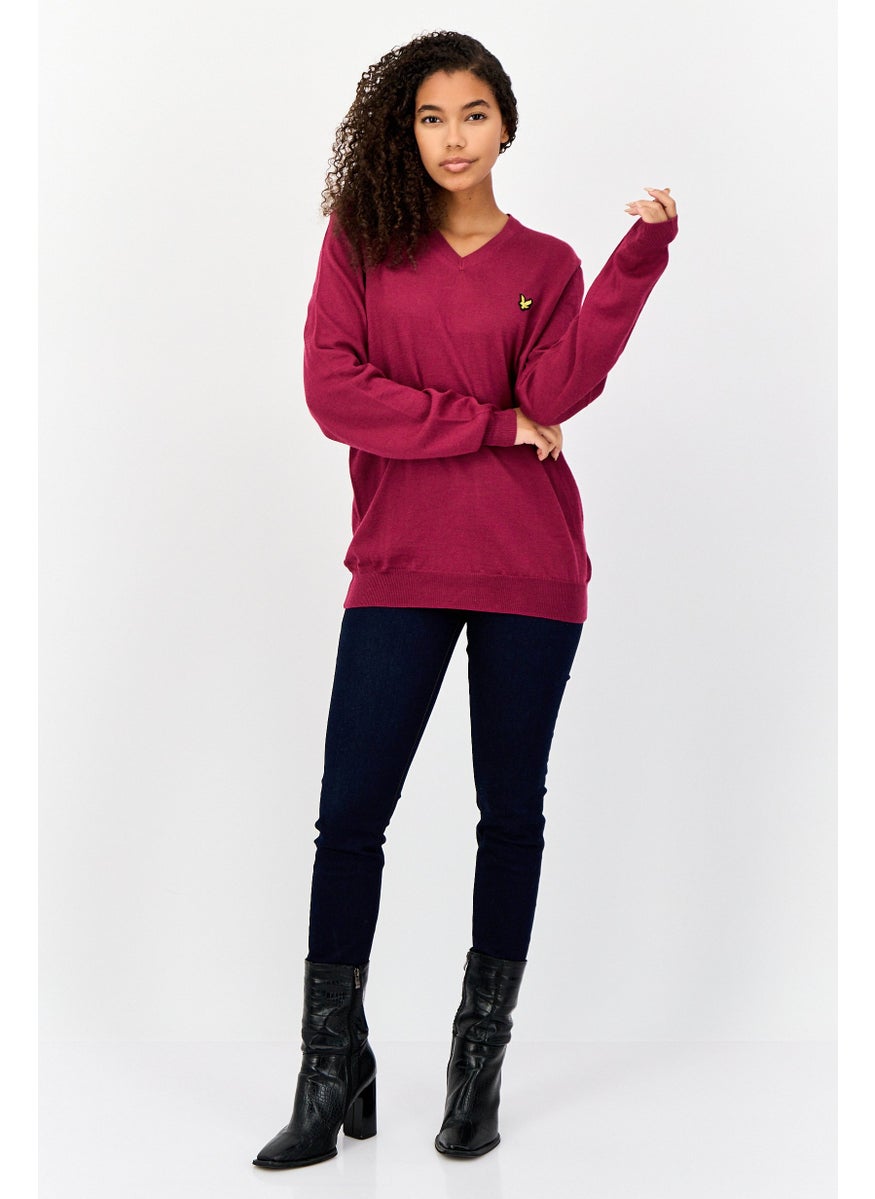 Women V-Neck Textured Sweater, Wine Red