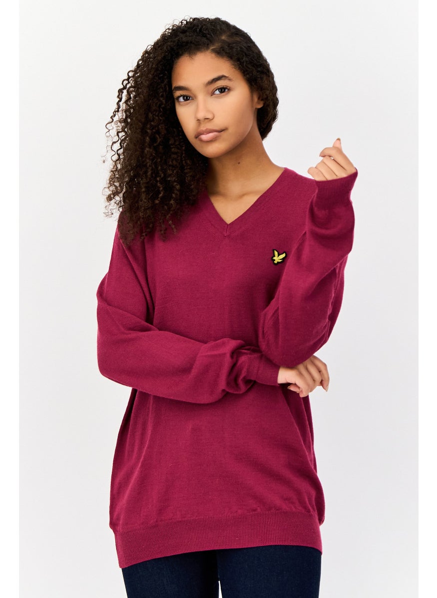 Women V-Neck Textured Sweater, Wine Red