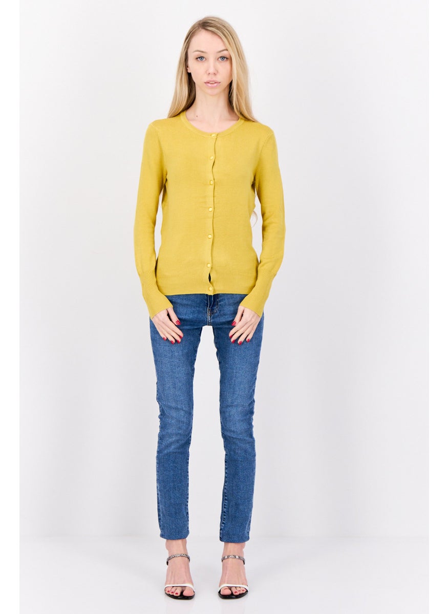 Women Round Neck Ribbed Cardigan, Mustard Yellow