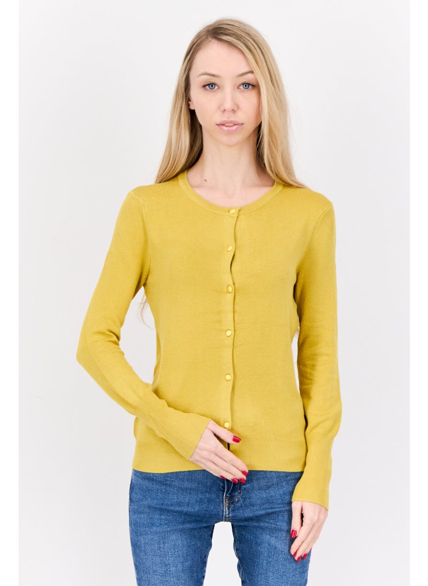 Women Round Neck Ribbed Cardigan, Mustard Yellow
