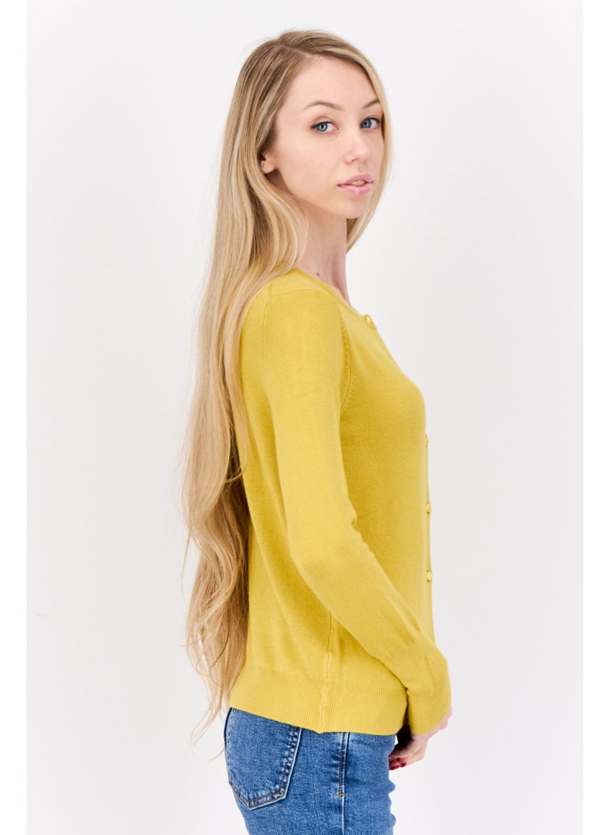 Women Round Neck Ribbed Cardigan, Mustard Yellow