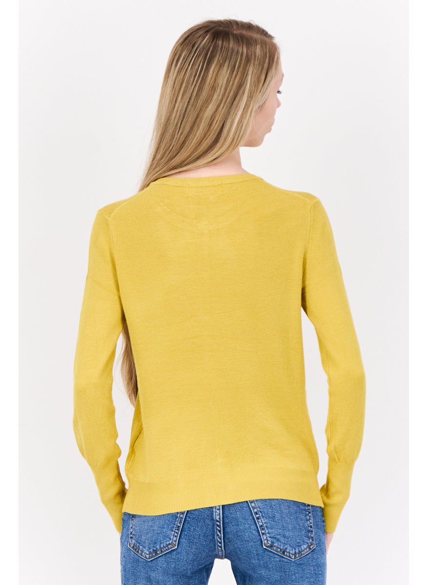 Women Round Neck Ribbed Cardigan, Mustard Yellow