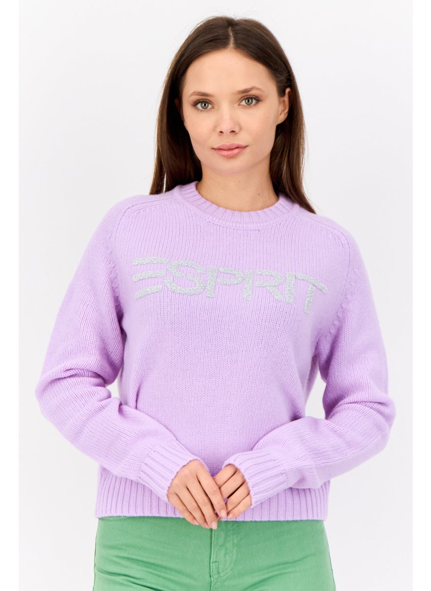 Women Ribbed Collar Embroidered Logo Sweaters, Lavender