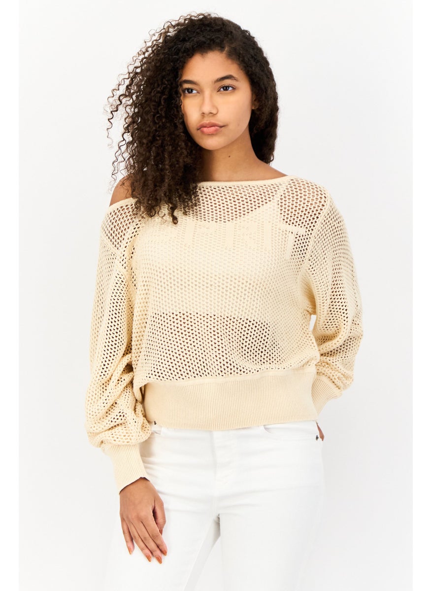 Women Asymmetrical Crochet Sweater, Beige