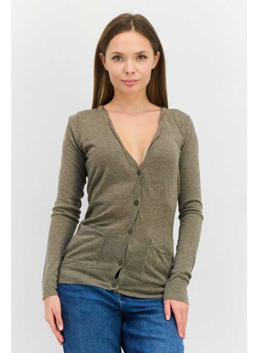 Women V-Neck Long Sleeves Plain Cardigans, Taupe