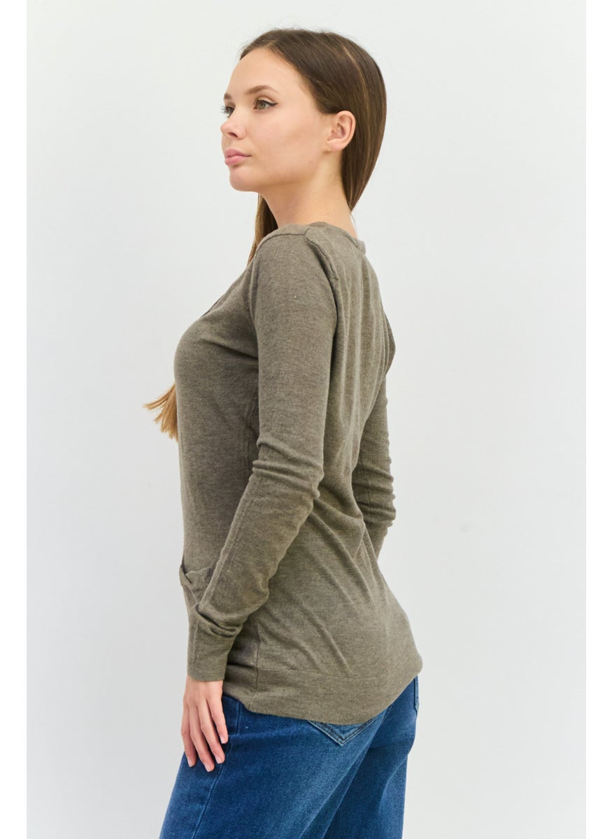 Women V-Neck Long Sleeves Plain Cardigans, Taupe