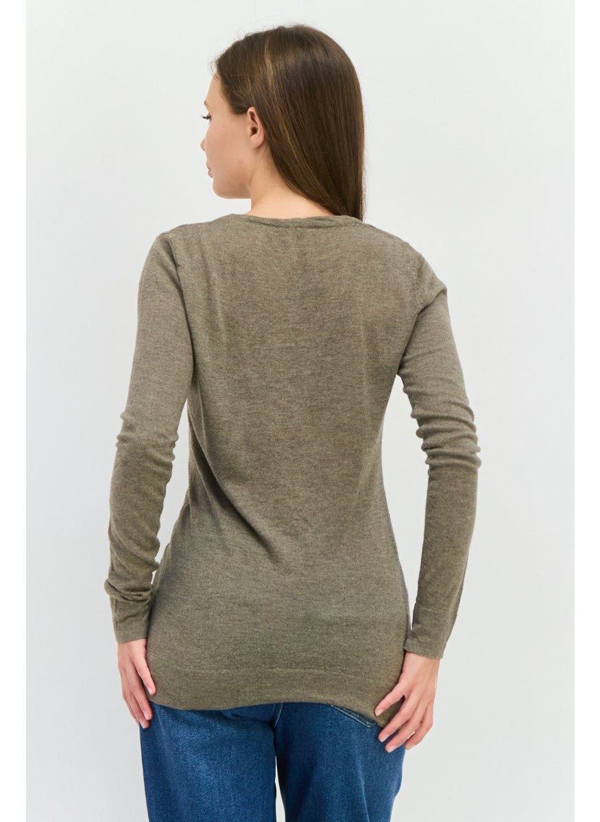 Women V-Neck Long Sleeves Plain Cardigans, Taupe