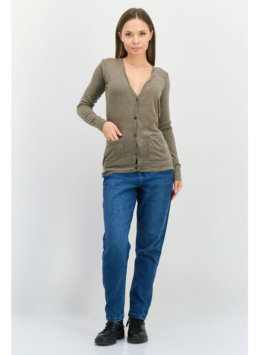 Women V-Neck Long Sleeves Plain Cardigans, Taupe