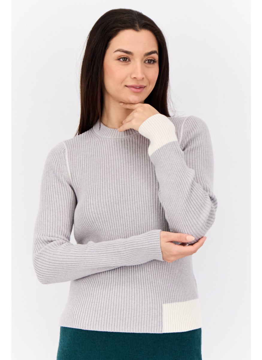 Women Crew Neck Ribbed Sweater, Grey