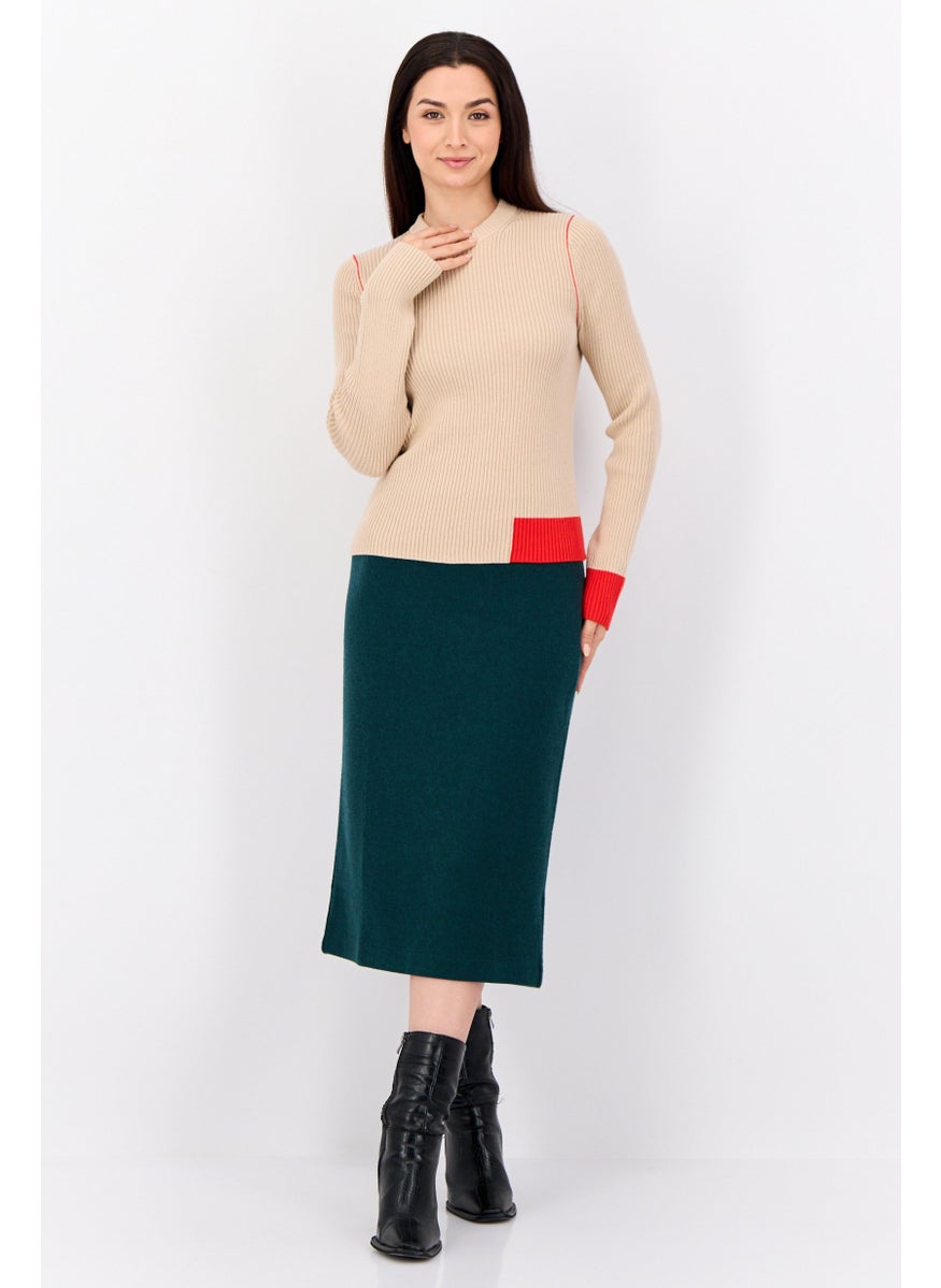 Women Crew Neck Ribbed Sweater, Tan