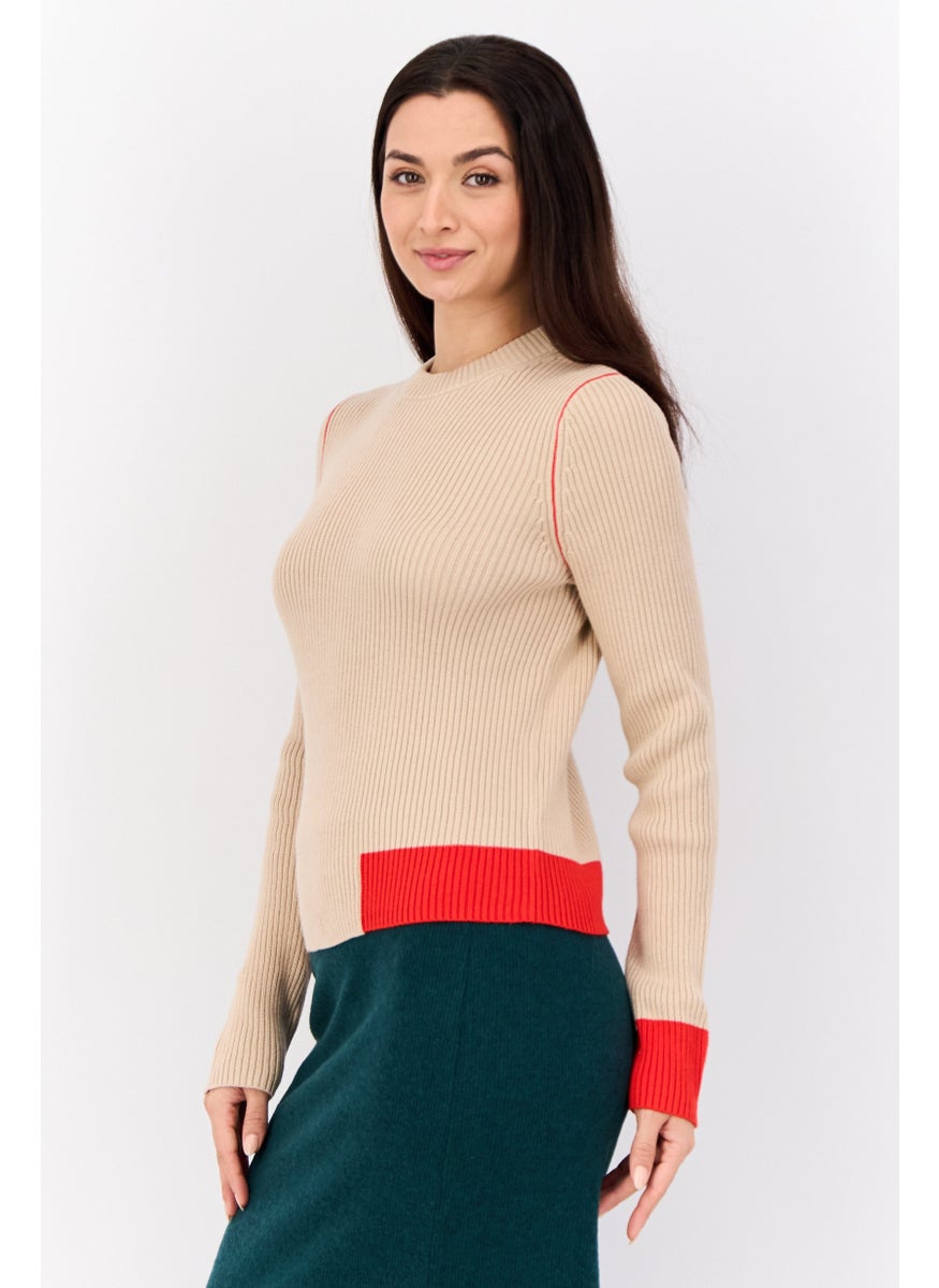 Women Crew Neck Ribbed Sweater, Tan