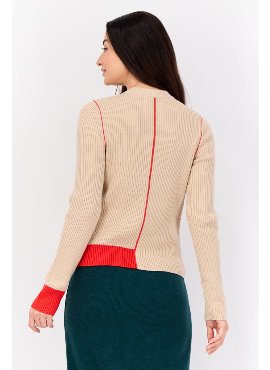 Women Crew Neck Ribbed Sweater, Tan