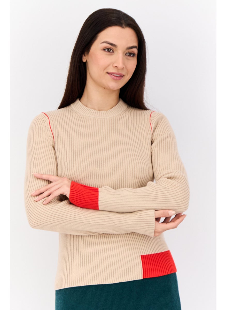 Women Crew Neck Ribbed Sweater, Tan