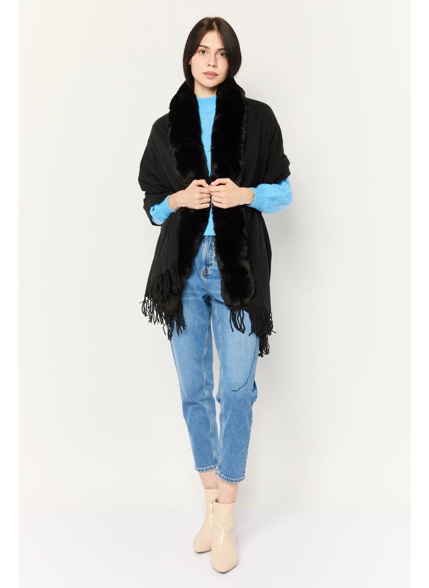 Women Faux Fur Frill Hem Ruana, Black