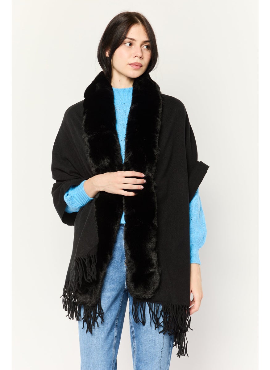 Women Faux Fur Frill Hem Ruana, Black