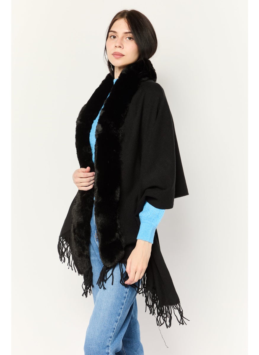 Women Faux Fur Frill Hem Ruana, Black
