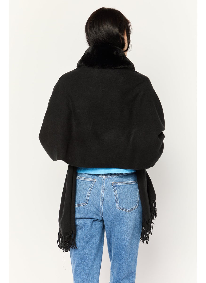 Women Faux Fur Frill Hem Ruana, Black