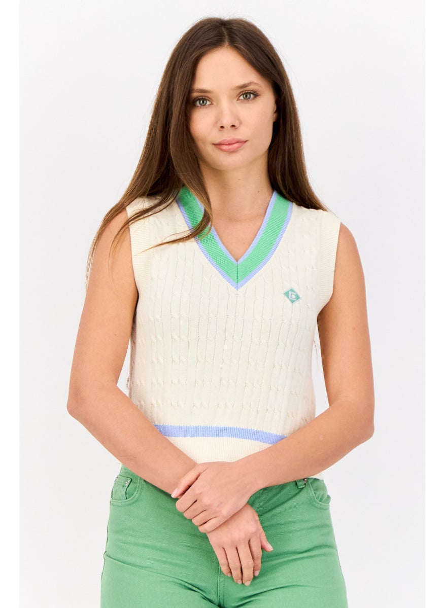 Women V Neck Knitted Vest Sweater, Cream