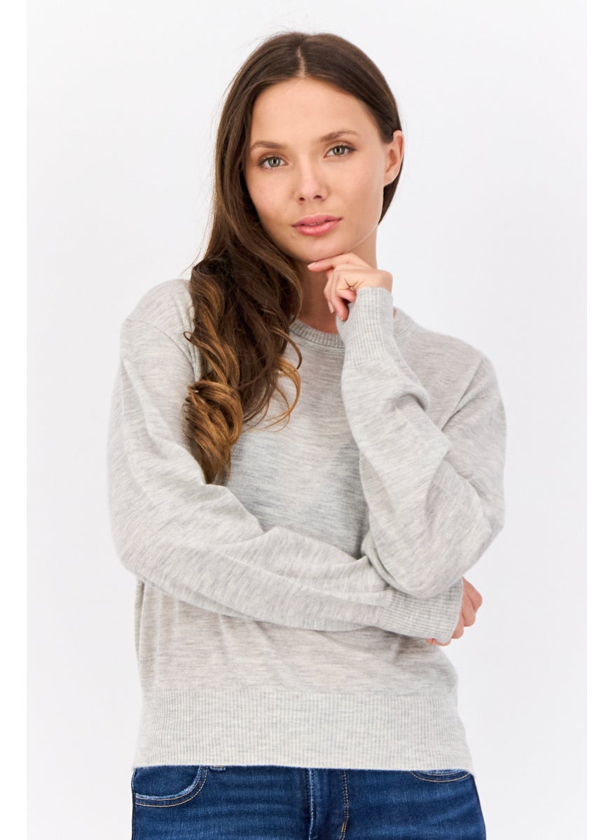Women Crew Neck Heather Sweater, Light Grey