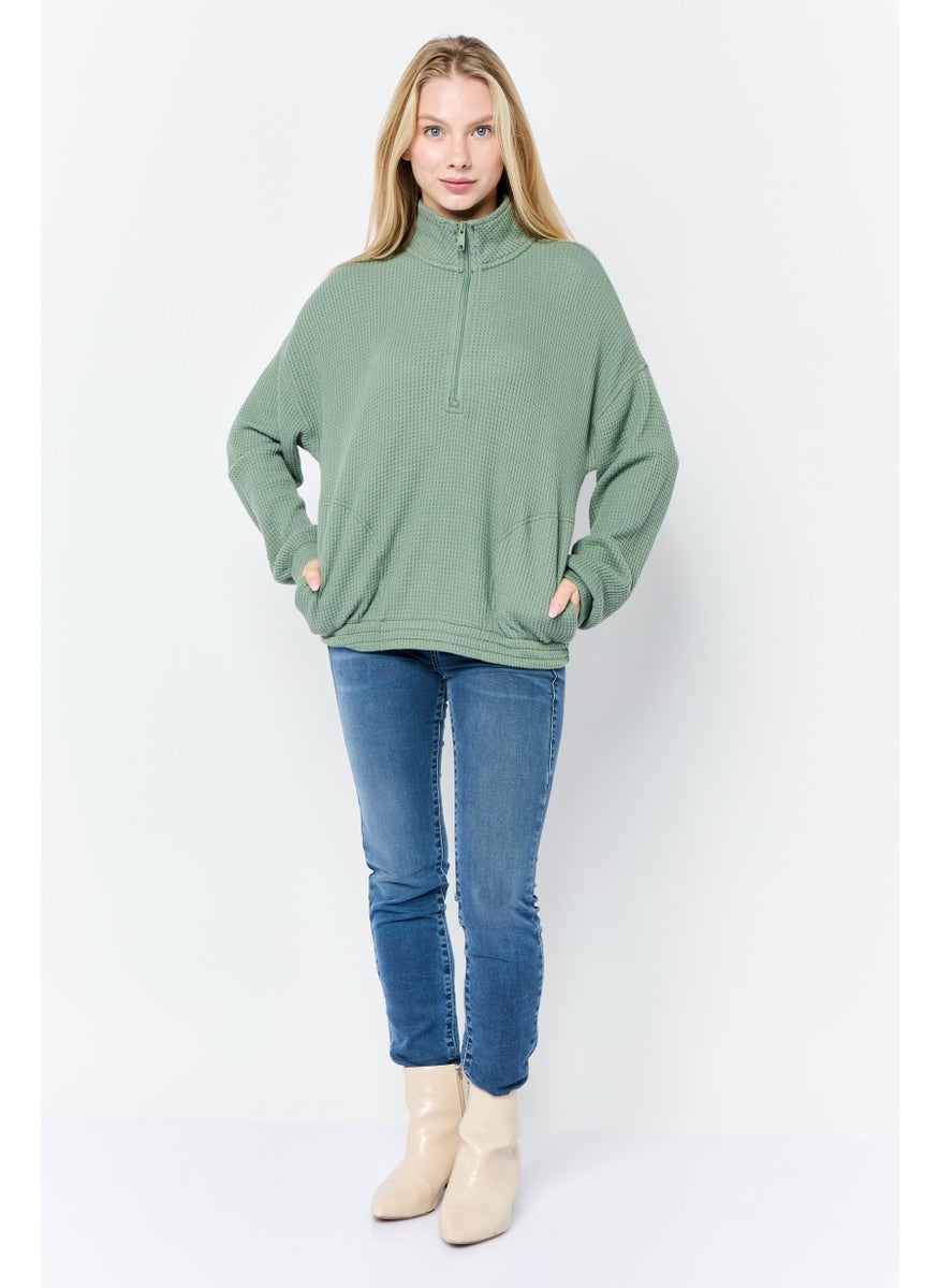 Women High Neck Knitted Sweater, Olive