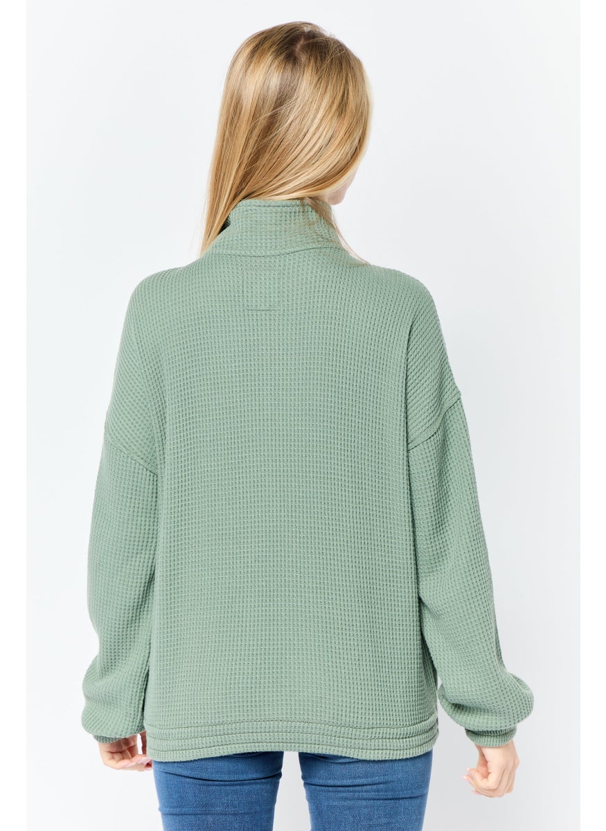 Women High Neck Knitted Sweater, Olive