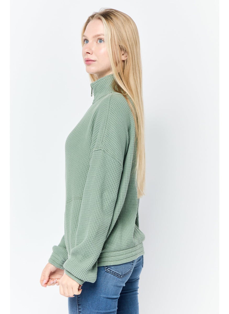 Women High Neck Knitted Sweater, Olive