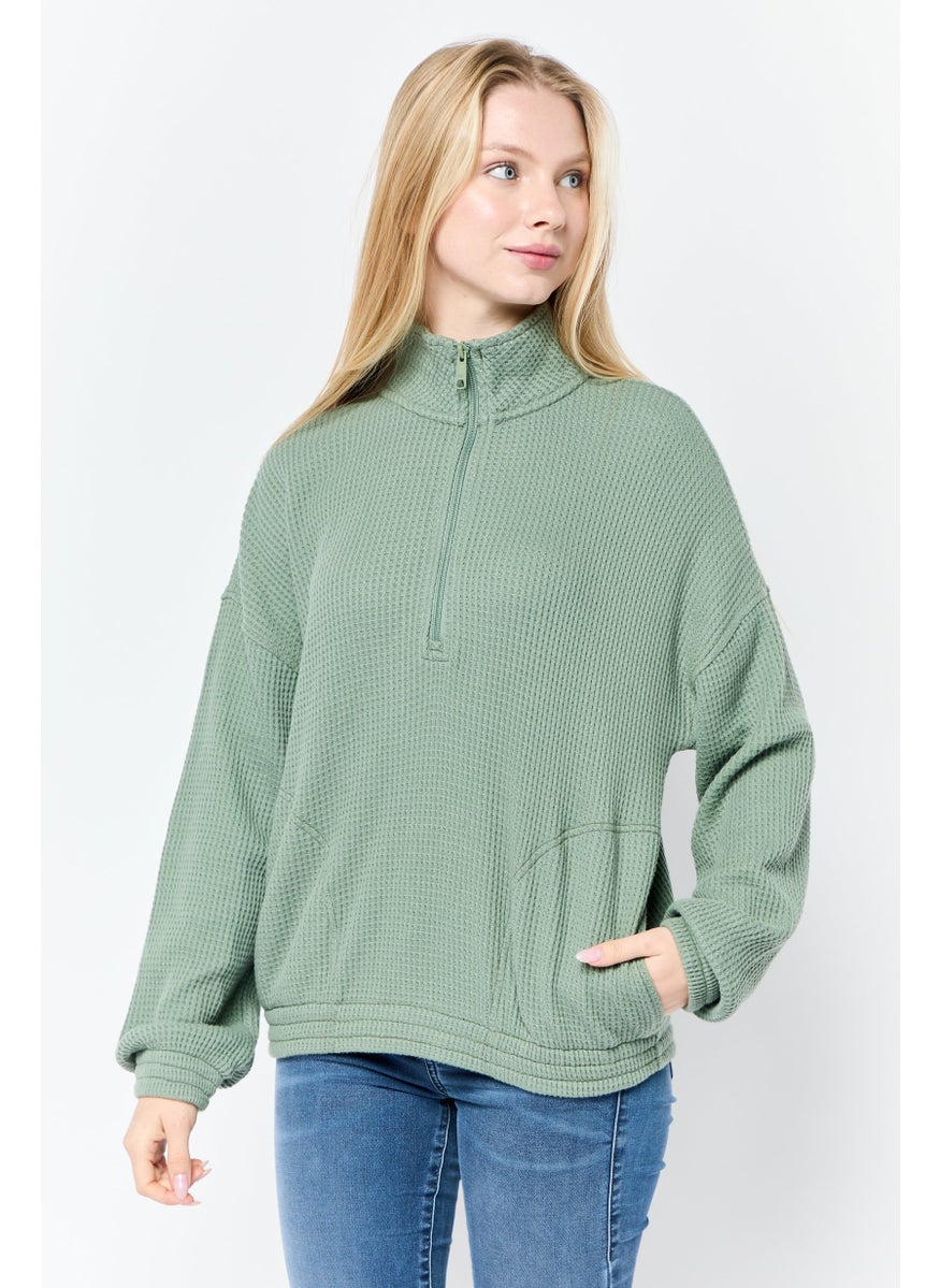 Women High Neck Knitted Sweater, Olive