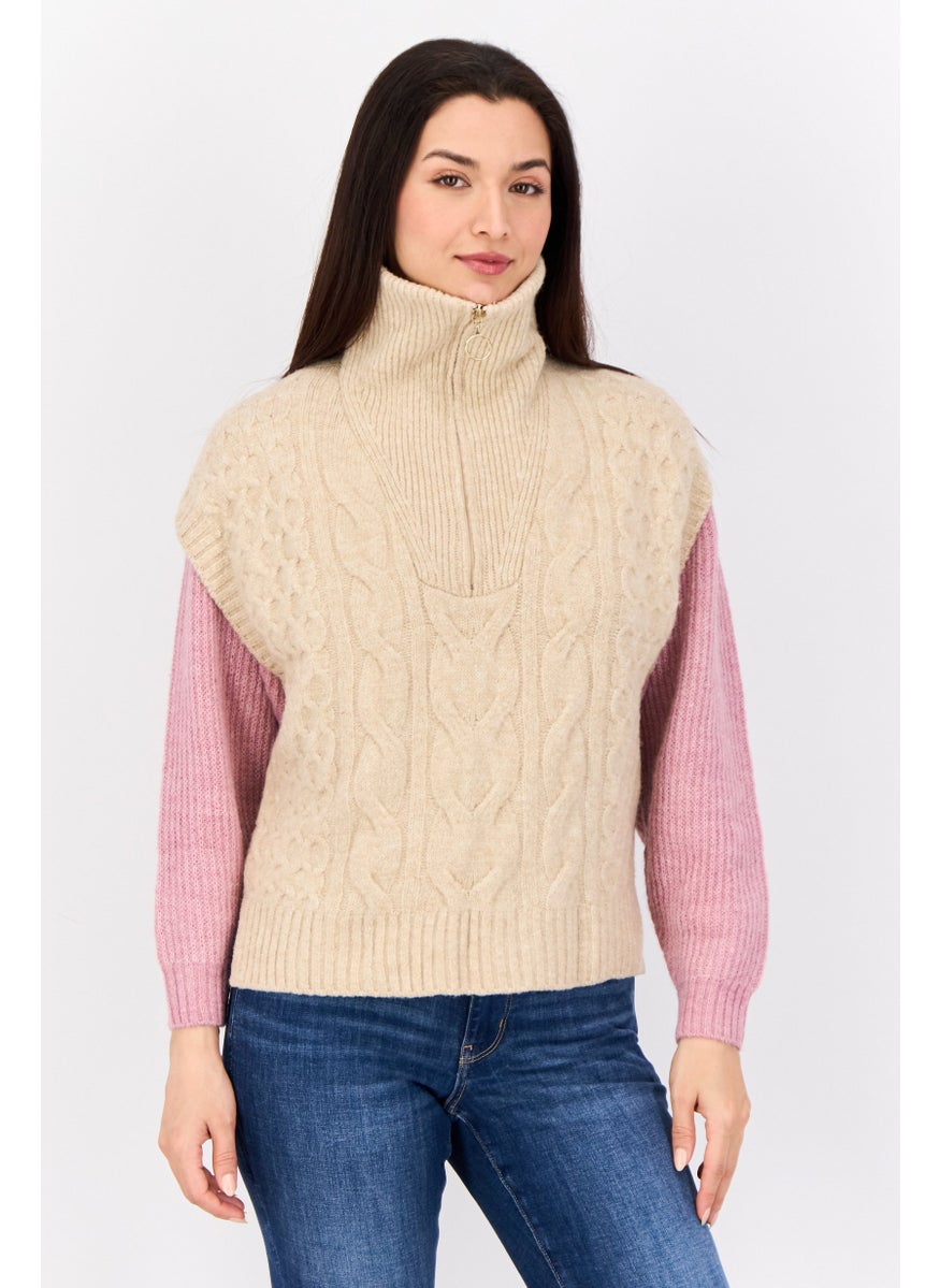 Women Mock Neck Knitted Sweater, Dark Beige