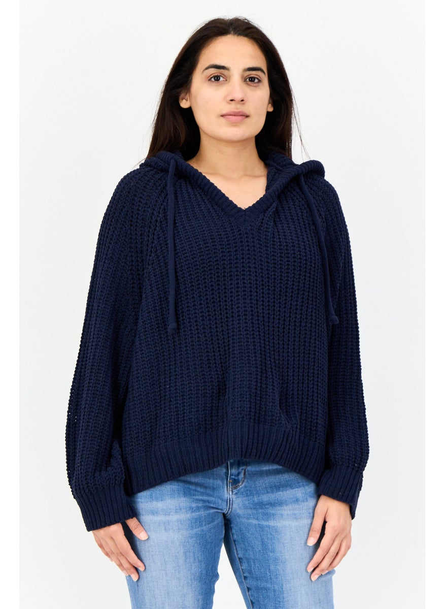 Women Crochet Hooded Sweater, Navy