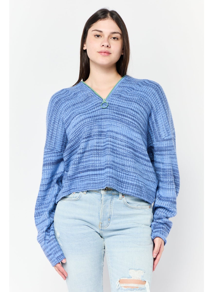 Women Spread Collar Knitted Sweater, Blue