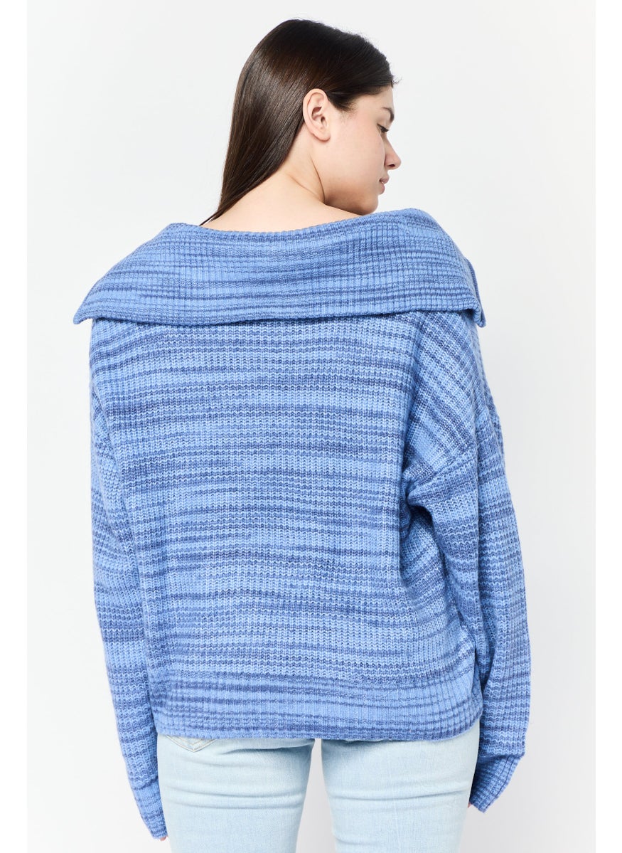 Women Spread Collar Knitted Sweater, Blue