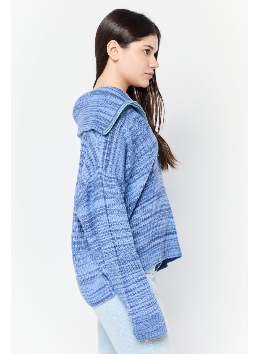Women Spread Collar Knitted Sweater, Blue